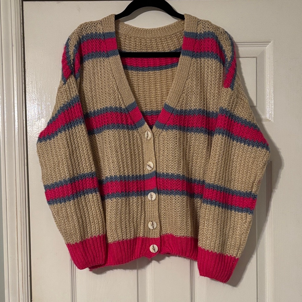 Cozy Beige and Pink Striped Cardigan